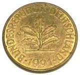 G7. GERMANIA 10 PFENNIG 1991 J, 4 g., Brass Clad Steel, 21.5 mm **