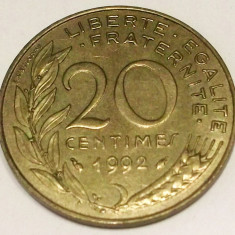 G7. FRANTA 20 CENTIMES 1992, 4 g., Aluminum-Bronze, 23.5 mm XF **