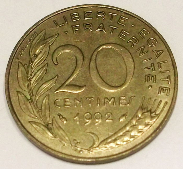 G7. FRANTA 20 CENTIMES 1992, 4 g., Aluminum-Bronze, 23.5 mm XF **