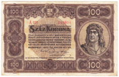 Bancnota Ungaria 100 KORONA 1920 UNA SUTA COROANE scris pe romaneste pe verso portret Matei Corvin VF+ foto