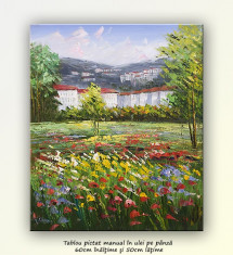 Peisaj cu flori, copaci si case - pictura in ulei, 60x50cm foto