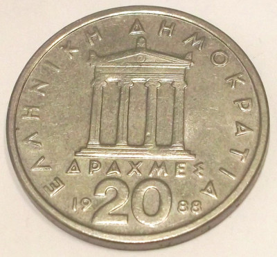 G7. GRECIA 20 DRACHMES DRAHME 1988 Copper-Nickel, 28. 8 mm, Pericles, XF ** foto