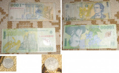 bancnote - 1000 si 10000 lei - si o moneda de 100 lei - vechi foto