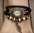 Ceas Dame Vintage Antic Pandantiv Leaf Frunza Elegant Piele Naturala Calitate, Casual, Mecanic-Manual, Carbon