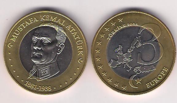 !!! TURCIA - PROBA 5 EURO 2004 , ATATURK - UNC /// ESSAI , PATTERN // &Oslash; 35 mm