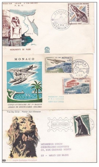 3 FDC MONACO UNESCO ,arta egipteana , aviatie