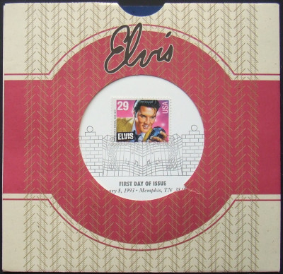 CARTON PREZENTARE - ELVIS OBLITERAT 08.01.1993 CU DIMENSIUNEA 18/18 CM. foto