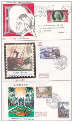 3 FDC MONACO CENTENAR MONTE CARLO ,JULES VERNE ,DANTE foto
