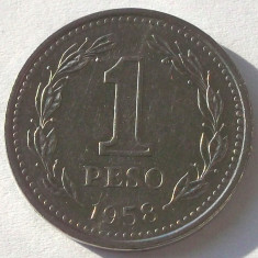 G5. ARGENTINA 1 PESO 1958, 6.41 g., Nickel Clad Steel, 25.5 mm XF **