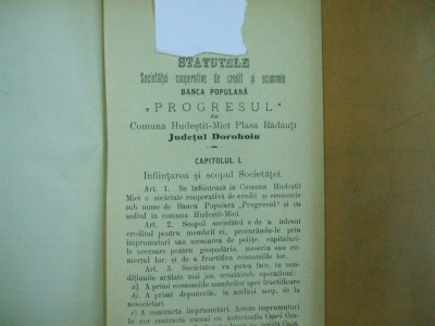 Progresul societate de credit Hudesti - Mici Radauti Dorohoi statute 1904 foto