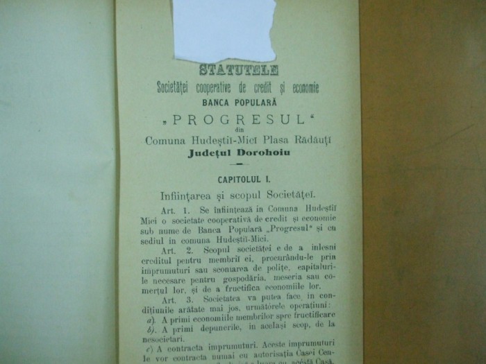 Progresul societate de credit Hudesti - Mici Radauti Dorohoi statute 1904