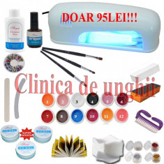 Kit unghii false cu gel,set unghii cu gel Promotia saptamanii,contine lampa uv 9w,gel uv,pila unghii,buffer,sclipici,carusel strasuri foto