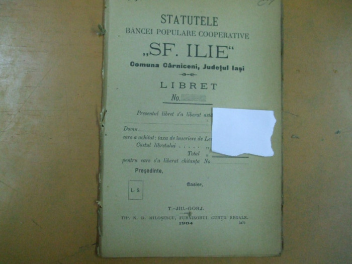 Sfantul Ilie banca populara cooperativa Carniceni Iasi statute Targu Jiu 1904