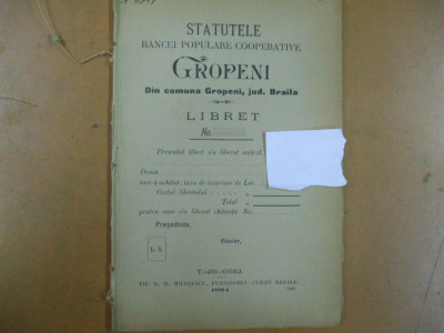 Gropeni banca populara Gropeni Braila statute Targu Jiu 1904 tip. Milosescu foto