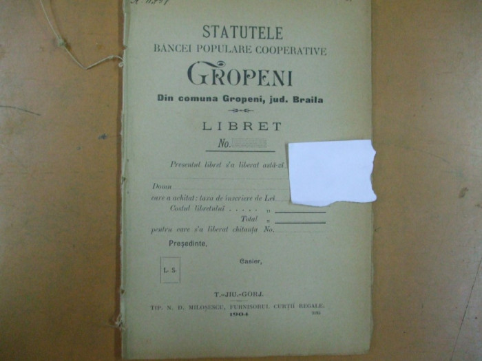 Gropeni banca populara Gropeni Braila statute Targu Jiu 1904 tip. Milosescu