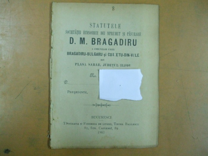 Infratirea sateanului soc. imprum. Dobreni - Campurei Sabar Ilfov statute 1903