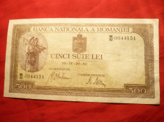 Bancnota 500 Lei 1942 Mihai I , cal. medie-buna ,filigram BNR vertical foto