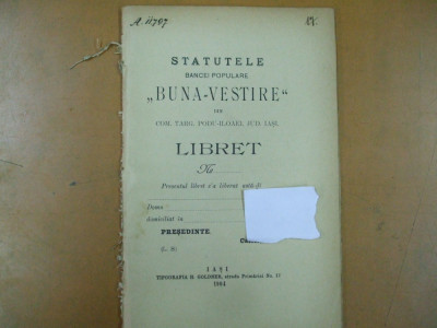 Buna vestire banca populara Podu - Iloaiei Iasi statute Iasi 1904 tip H. Goldner foto