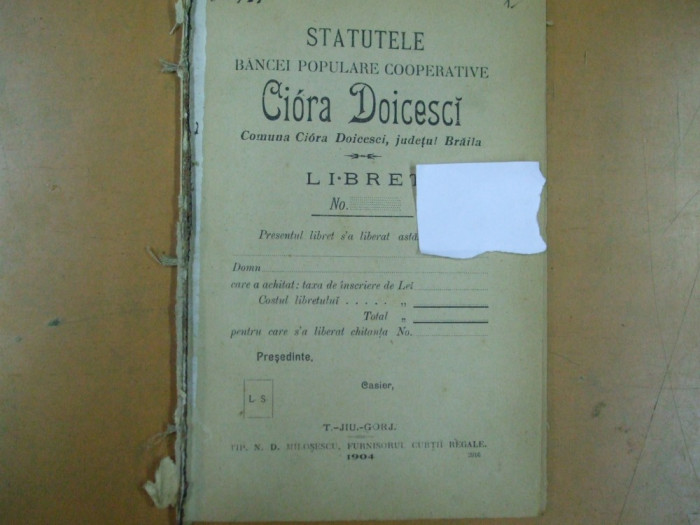 Cioara Doicesti banca populara Ciora Doicesci Braila statute Targu Jiu 1904