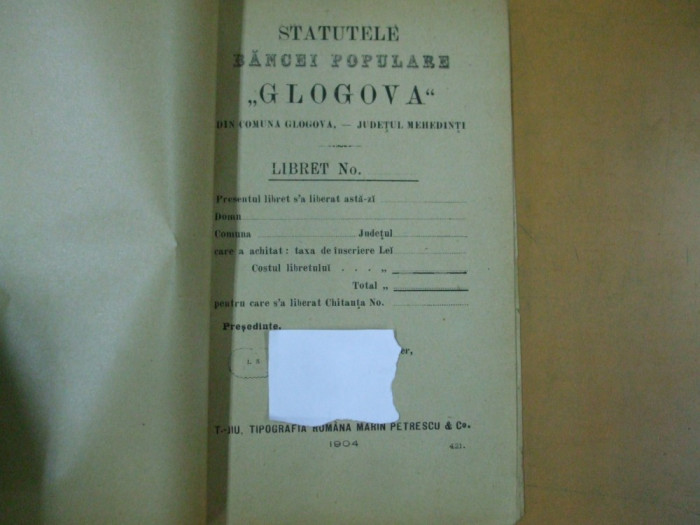 Glogova banca populara Glogova Mehedinti statute Targu Jiu 1904