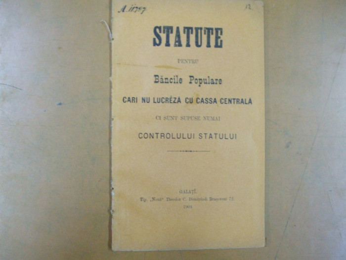 Statute pentru bancile populare care nu lucreaza cu casa centrala 1904