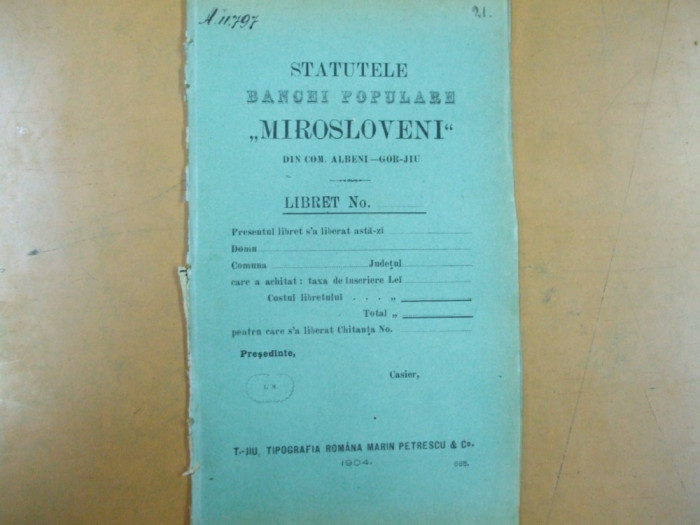 Mirosloveni banca populara Albeni Gorj statute Targu Jiu 1904 tip. Petrescu