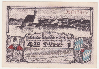 (3) Gold-Notgeld LAUFEN, Bezirk, 4,20 Goldmark gleich 1 Dollar, 26.11.1923 (NOTGELD CU ACOPERIRE IN AUR) - MAI RAR foto