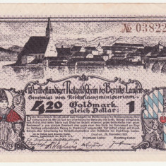(2) Gold-Notgeld LAUFEN, Bezirk, 4,20 Goldmark gleich 1 Dollar, 26.11.1923 (NOTGELD CU ACOPERIRE IN AUR) - MAI RAR