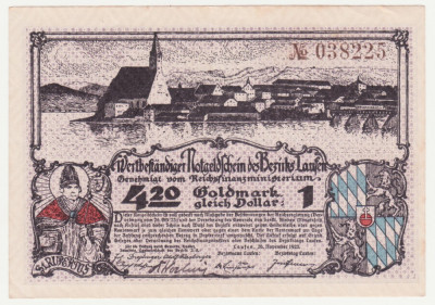 (2) Gold-Notgeld LAUFEN, Bezirk, 4,20 Goldmark gleich 1 Dollar, 26.11.1923 (NOTGELD CU ACOPERIRE IN AUR) - MAI RAR foto