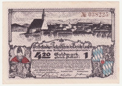 (2) Gold-Notgeld LAUFEN, Bezirk, 4,20 Goldmark gleich 1 Dollar, 26.11.1923 (NOTGELD CU ACOPERIRE IN AUR) - MAI RAR foto