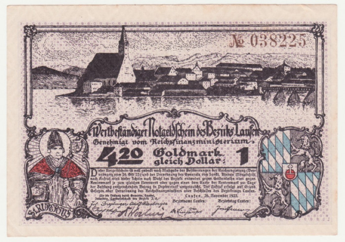 (2) Gold-Notgeld LAUFEN, Bezirk, 4,20 Goldmark gleich 1 Dollar, 26.11.1923 (NOTGELD CU ACOPERIRE IN AUR) - MAI RAR