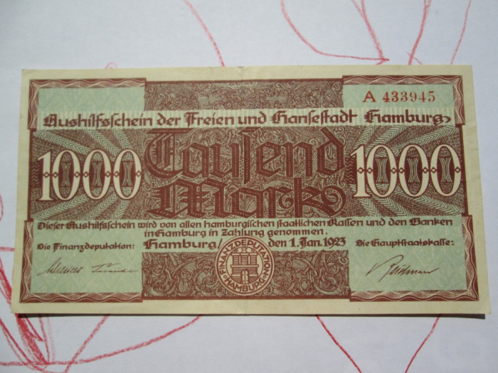 1000 mark 1923 Germania , Notgeld Hamburg marci