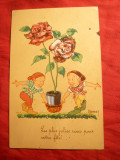 Ilustrata- Felicitare- Pitici cu Trandafiri , semnat Bernet, Necirculata, Printata