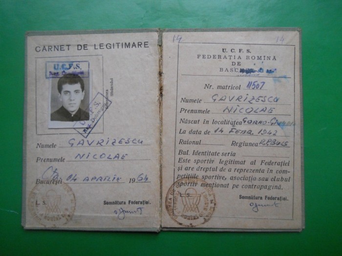 HOPCT CARNET DE LEGITIMARE-FEDERATIA ROMANA DE BASCHET-GAVRILESCU NICOLAE 1964