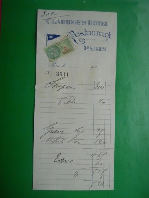HOPCT FRANTA PARIS -NOTA DE PLATA CU TIMBRU FISCAL -CLARIDGE S H /RESTAURANT1926 foto