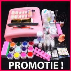 Kit unghii false cu lampa UV 3 geluri constructie 12 geluri colorate pensule foto