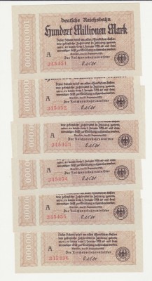 6 BANCNOTE GERMANIA-SERII CONSECUTIVE-DEUTSCHE REICHSBAHN-100.000.000 MARK 1923 foto