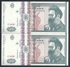 ROMANIA 500 LEI 1992 UNC !! SERIE CONSECUTIVA pret / 2 bucati necirculate foto