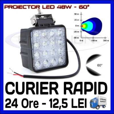 PROIECTOR LED PATRAT 12V, 24V - OFFROAD, SUV, UTILAJE - 48W DISPERSIE 60 GRADE foto