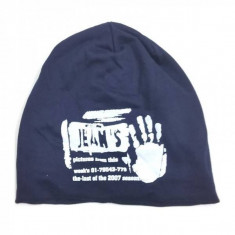 Caciula Unisex Beanie Fes Lasat pe Spate Bleumarin cu Alb Jeans foto