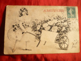 Ilustrata TCV - Fetita cu Roaba de Flori , semnat Mille -Franta 1910, Circulata, Printata