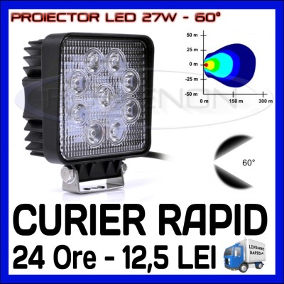 PROIECTOR LED PATRAT 12V, 24V - OFFROAD, SUV, UTILAJE - 27W DISPERSIE 60 GRADE foto