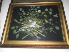 Tablou vechi pictat pe panza- Motiv natural cu pasarele. foto