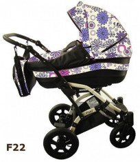 Carucior 2 in 1 Charm F22 (Alb cu Flori Violet si Negru) Kerttu foto