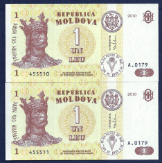 MOLDOVA 1 LEU 2010 , SERII CONSECUTIVE UNC , pret / 2buc , necirculate foto