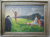 Cumpara ieftin Scena cu nuduri , pictura in ulei dimensiuni mari 118 x 89 cm , nud, Altul