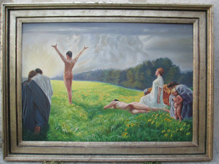 Scena cu nuduri , pictura in ulei dimensiuni mari 118 x 89 cm , nud