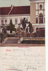 Romania, Zilah,Zalau carte postala circulata 1903:Statuia Wesselenyi, reataurant foto