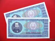 ROMANIA - Lot 2 bancnote 100 Lei 1966 - Serii consecutive - UNC foto
