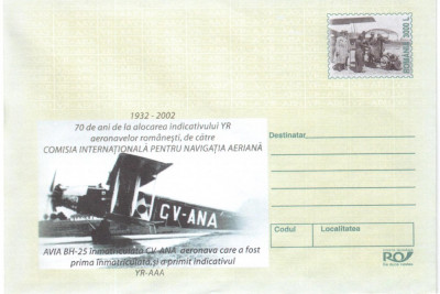 Aniversari - Aviatie, 70 de ani indicativ YR, intreg postal necirculat, 2002 foto
